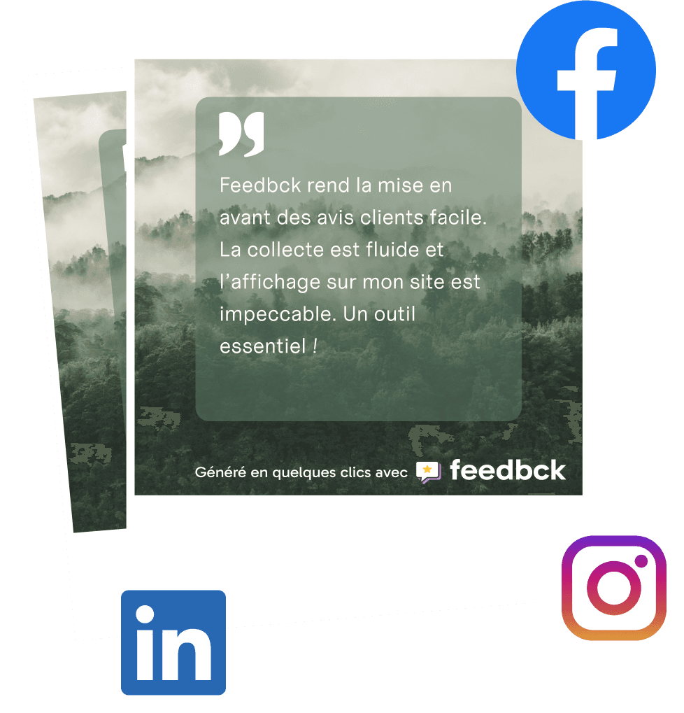 Polaroid témoignage client avec icônes Facebook, Instagram et LinkedIn