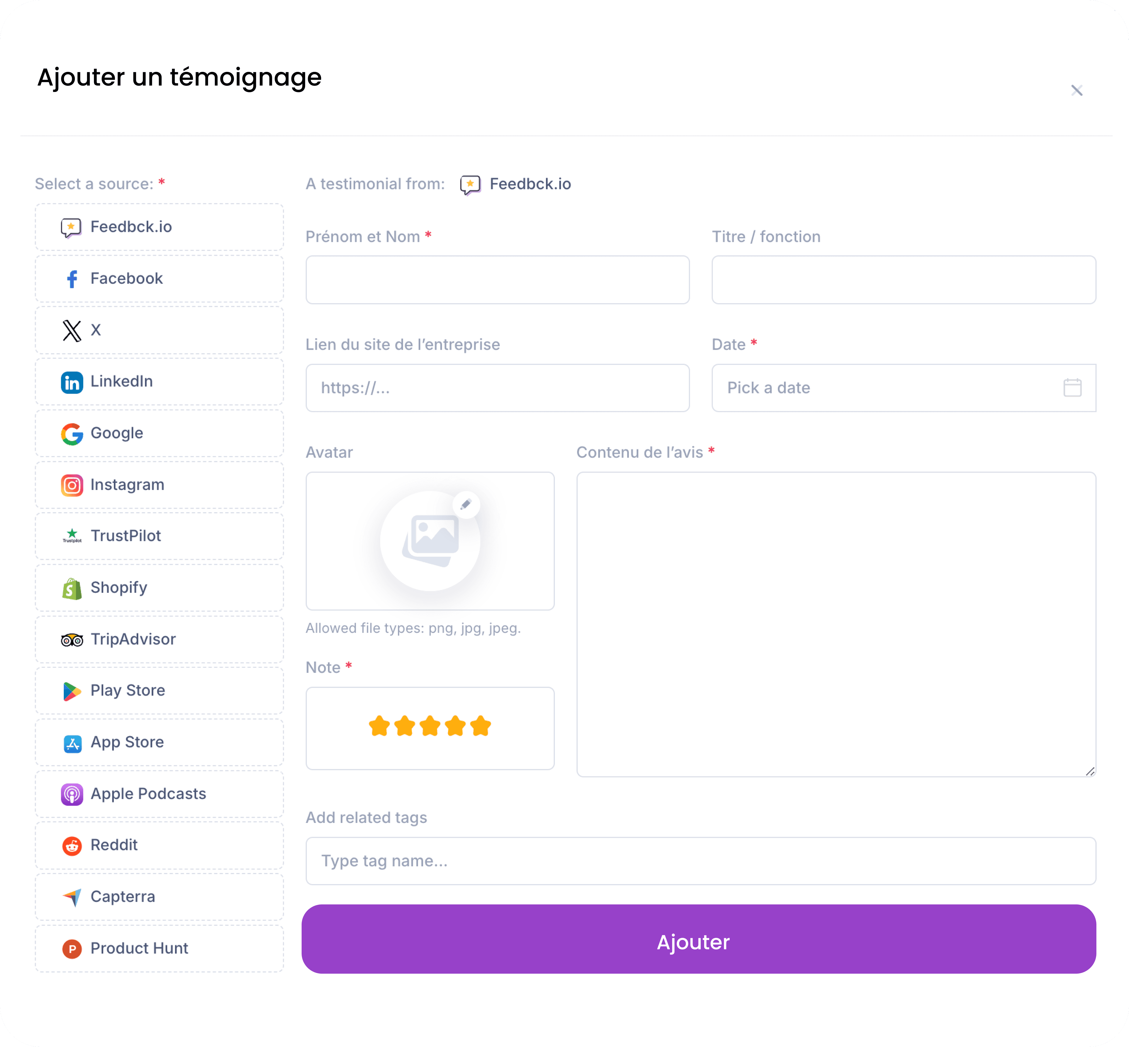 Dashboard rapport d'audit feedbck : 182 avis collectés, note 4/5, graphique annuel par plateforme